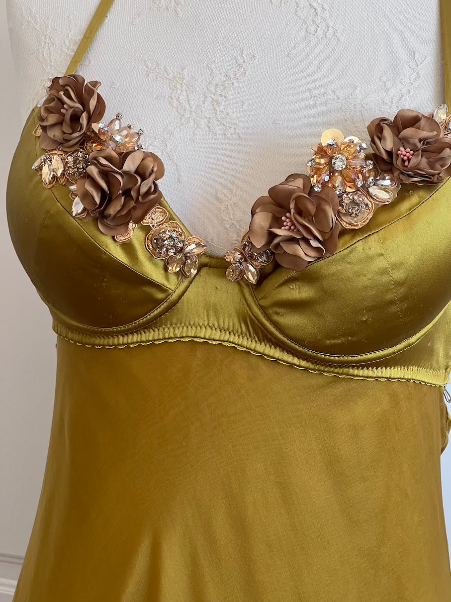 100% Silk Olive Flower Bouquet Bustier Dress