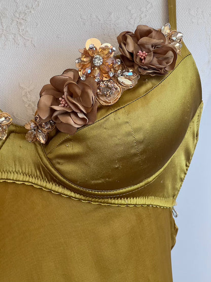 100% Silk Olive Flower Bouquet Bustier Dress