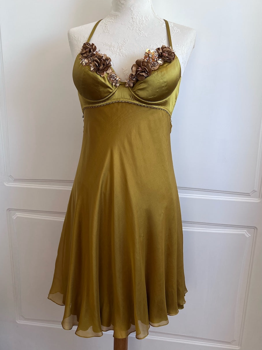 100% Silk Olive Flower Bouquet Bustier Dress