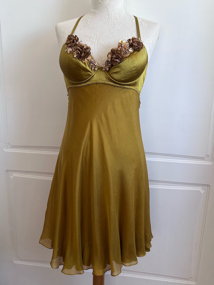 100% Silk Olive Flower Bouquet Bustier Dress