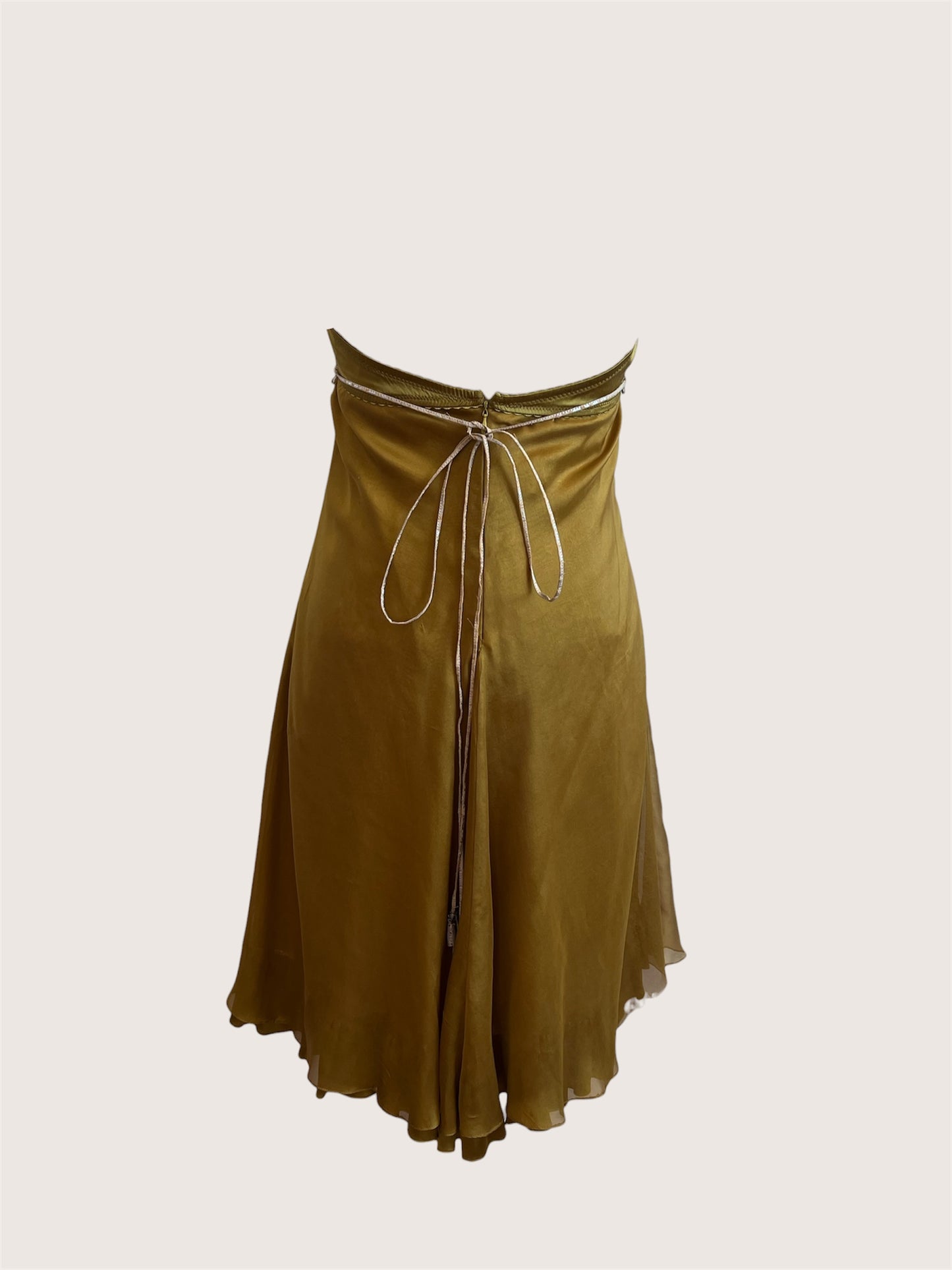 100% Silk Olive Flower Bouquet Bustier Dress