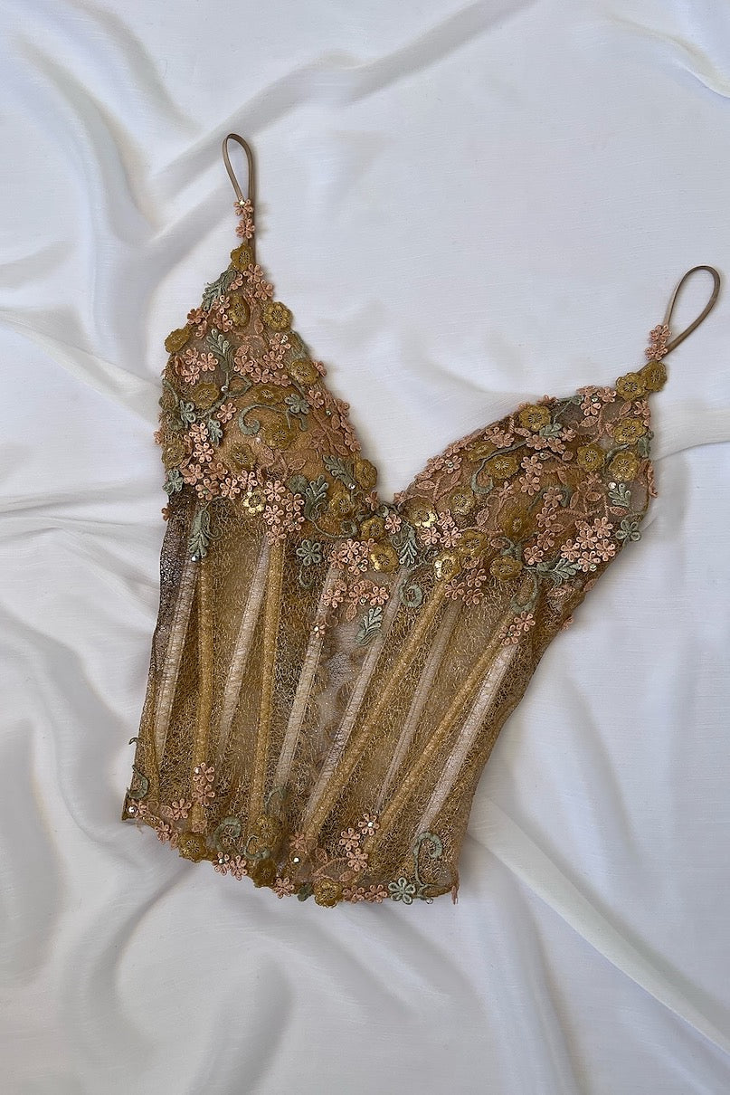 Luxurious Designer Caramel Gold Floral Corset