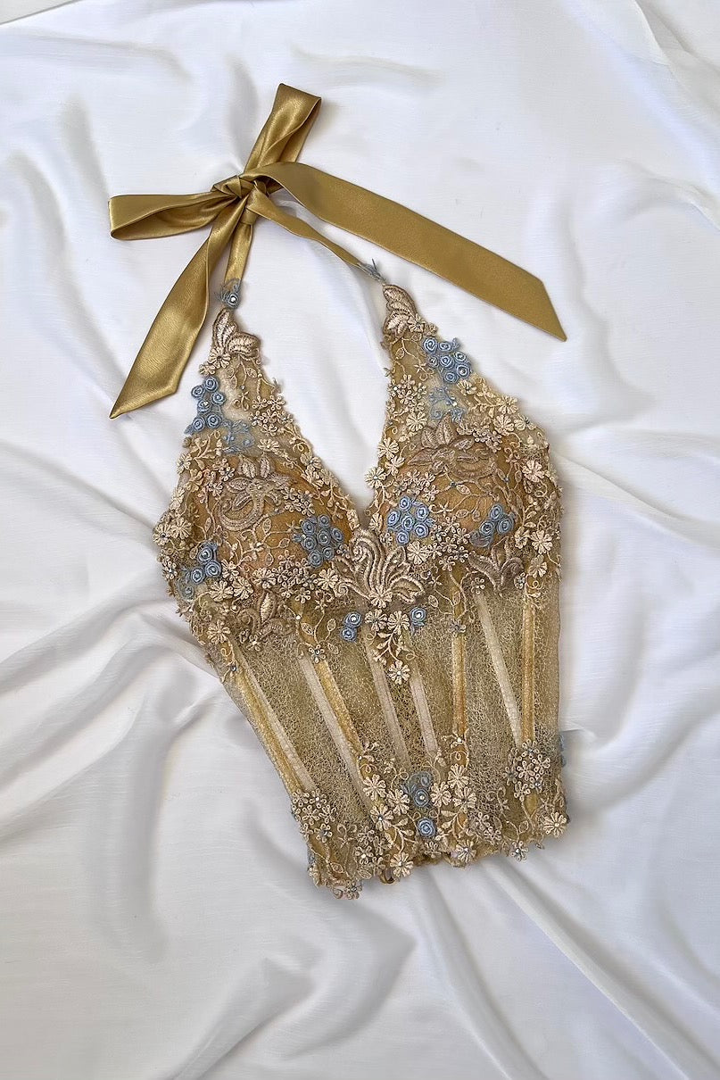 Luxurious Designer Blue Floral Corset & Maxi Skirt Ensemble