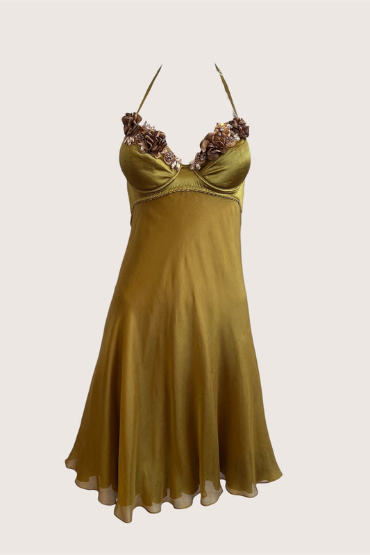 100% Silk Olive Flower Bouquet Bustier Dress