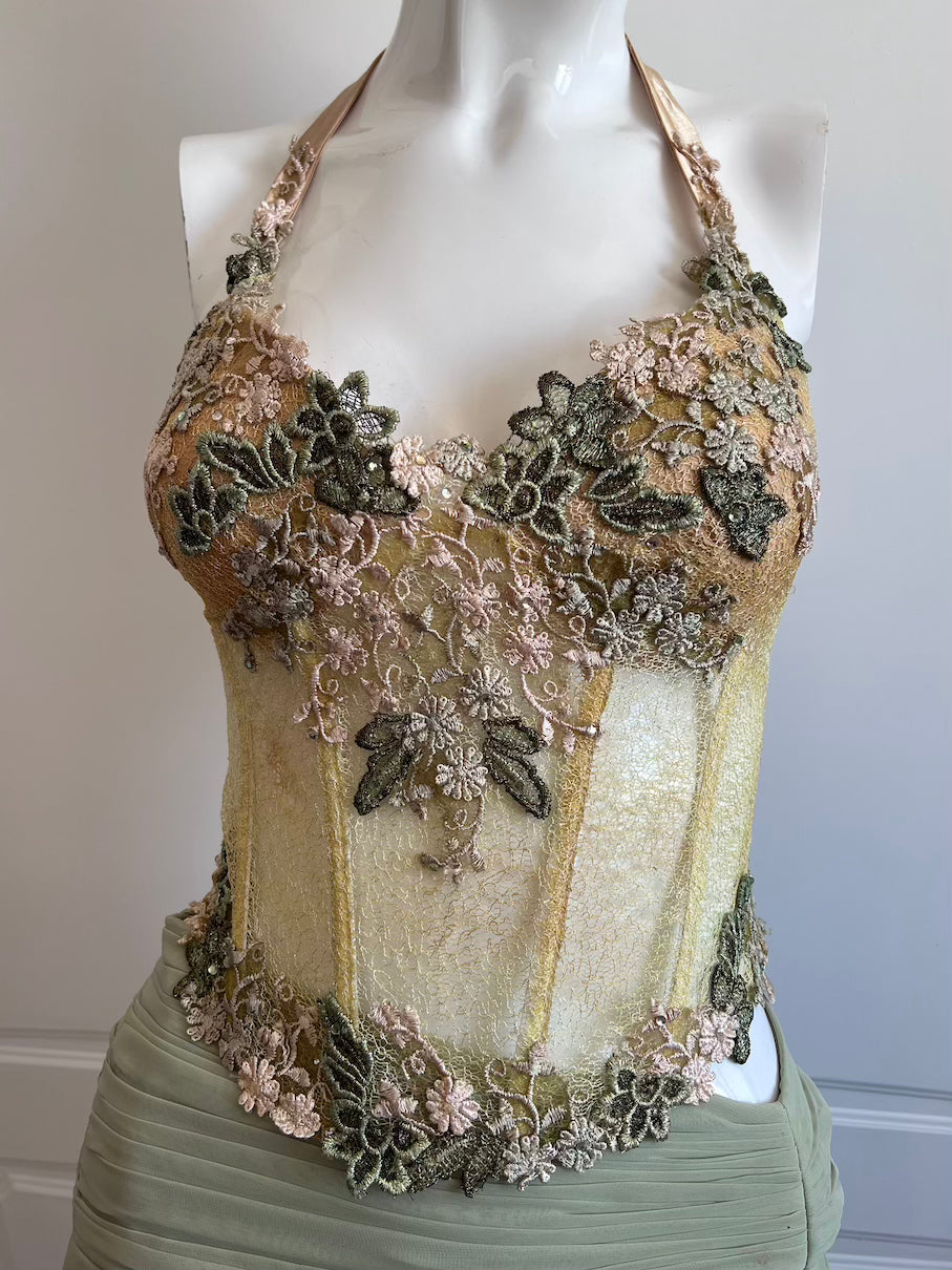 Luxurious Designer Lime Green Floral Halter Corset