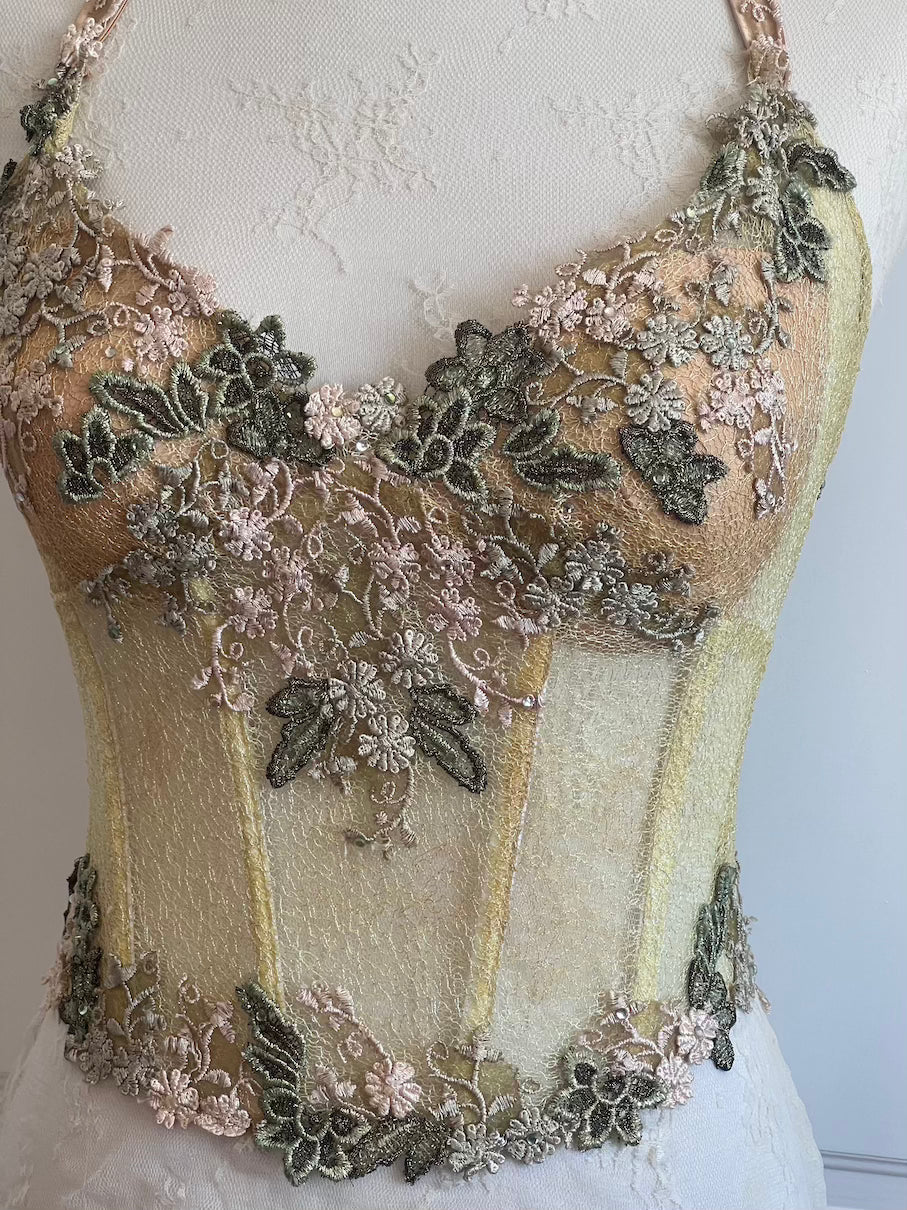 Luxurious Designer Lime Green Floral Halter Corset