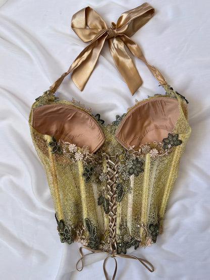 Luxurious Designer Lime Green Floral Halter Corset