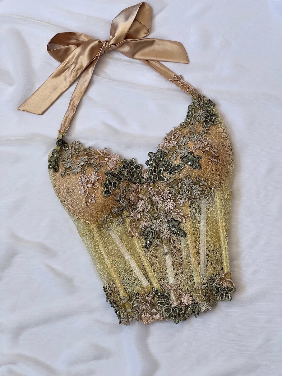 Luxurious Designer Lime Green Floral Halter Corset