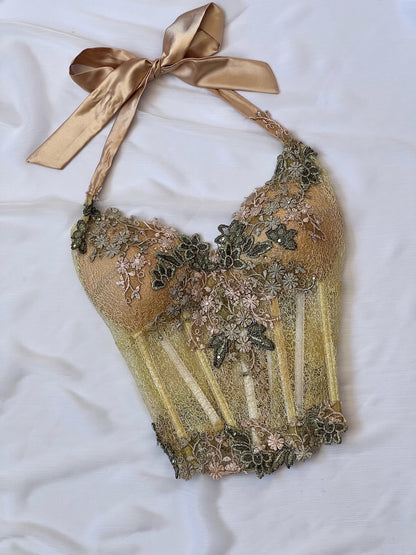 Luxurious Designer Lime Green Floral Halter Corset