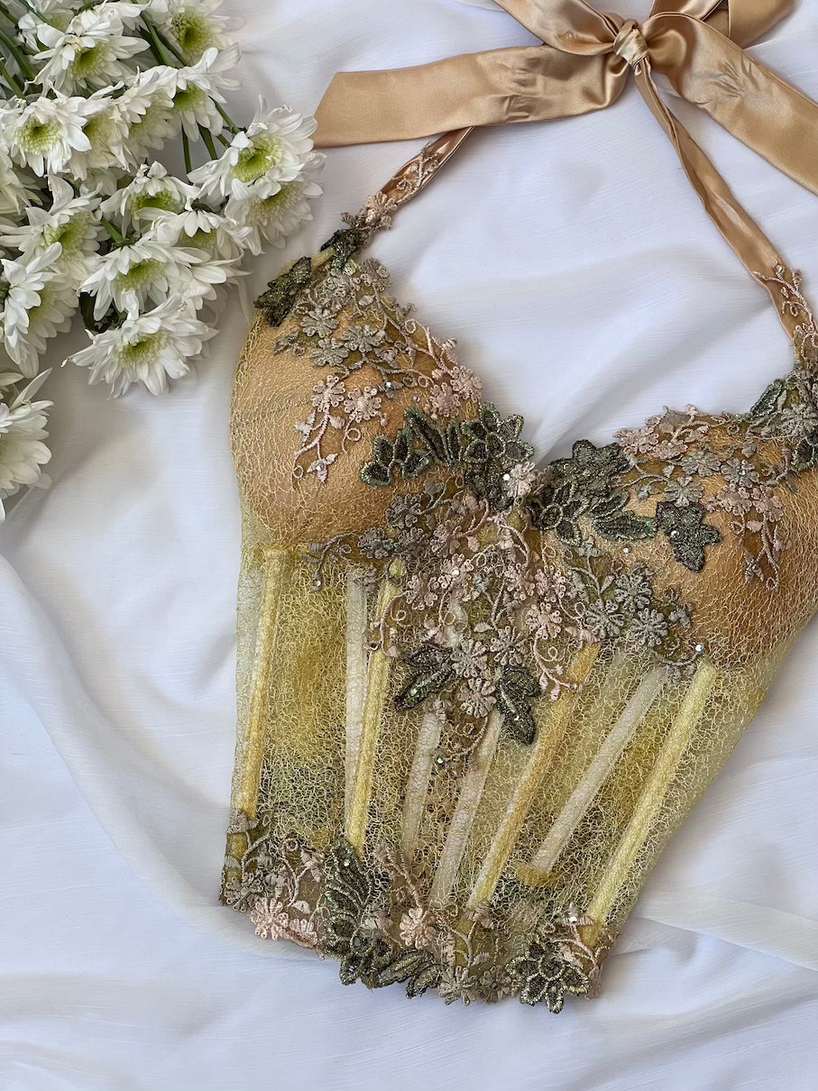 Luxurious Designer Lime Green Floral Halter Corset