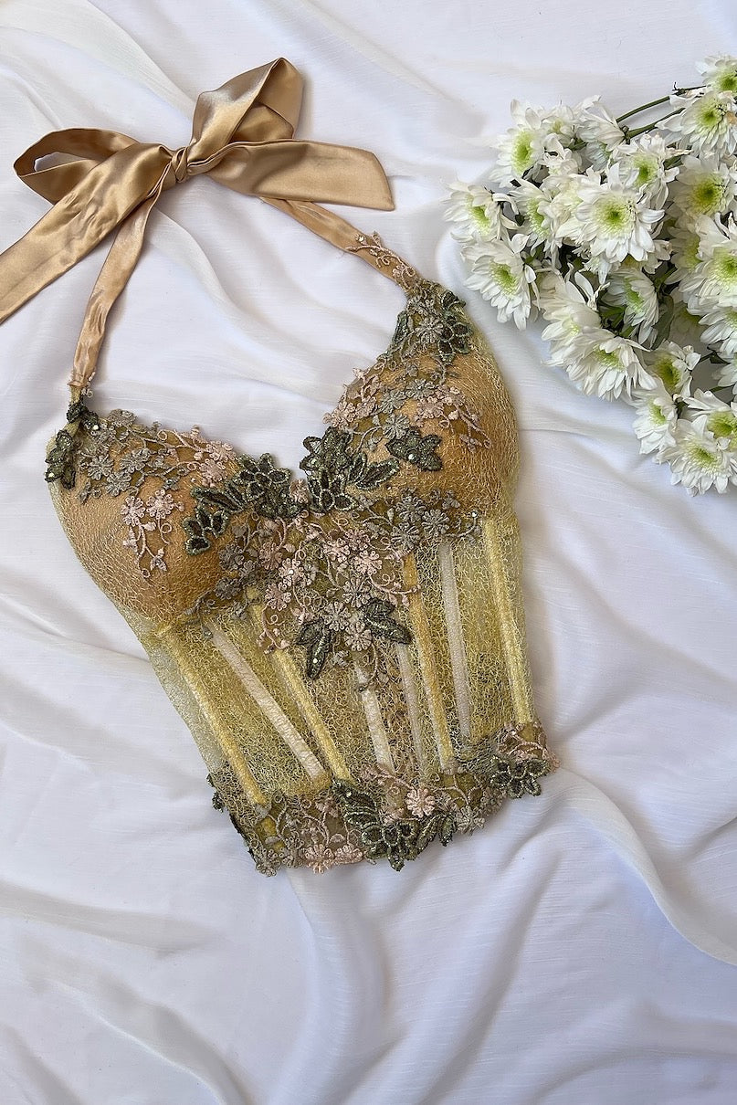 Luxurious Designer Lime Green Floral Halter Corset