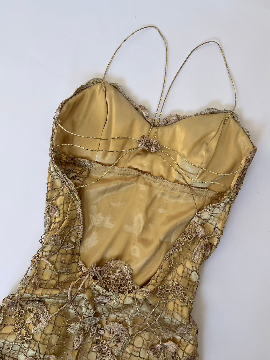 Vintage Gold Floral Lace Gown