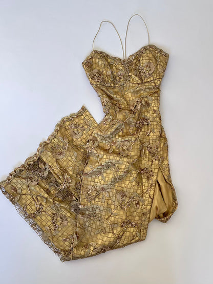 Vintage Gold Floral Lace Gown