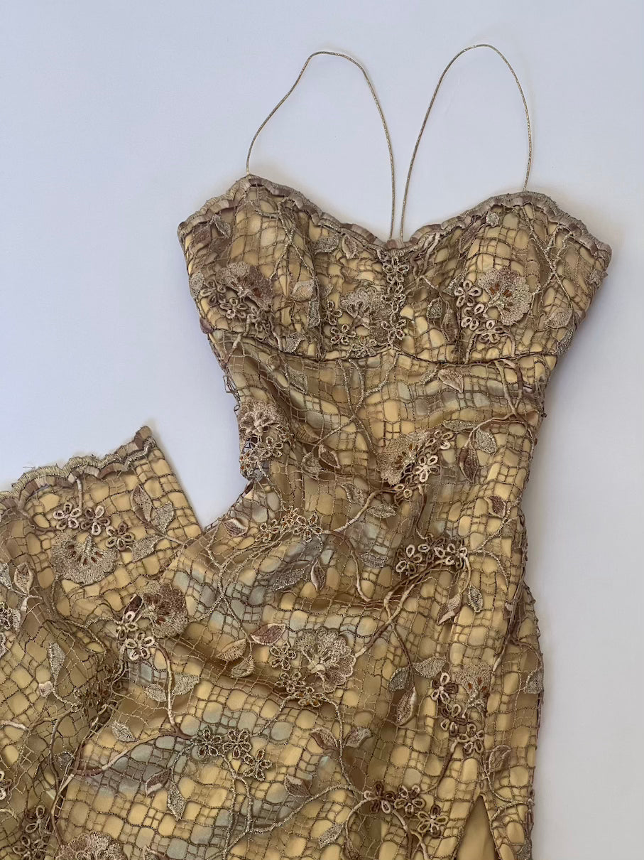 Vintage Gold Floral Lace Gown