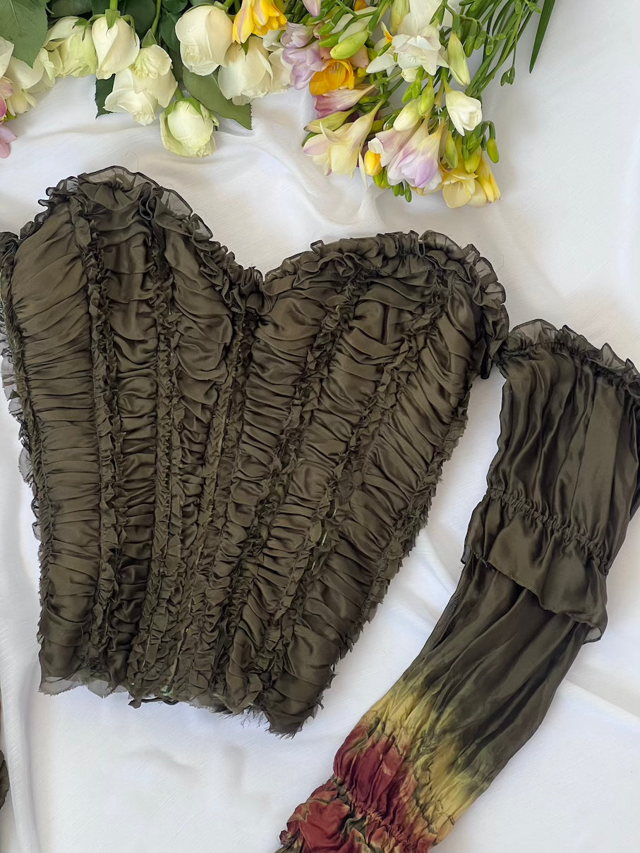 Luxurious Designer 100% Silk Forest Green Corset