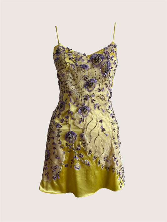 Yellow Satin Floral Appliqué Mini Slip Dress