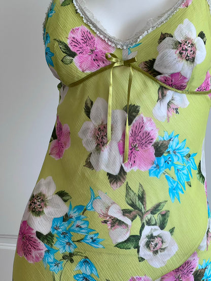 2000's Lime Green Floral Slip Dress