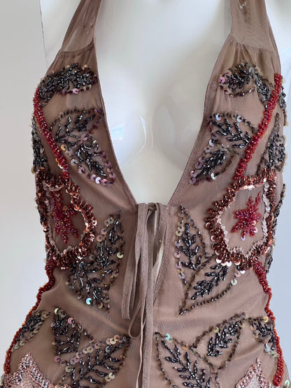 Luxurious vintage olive green beaded gown with open back and front slit, Made in Italy, front view