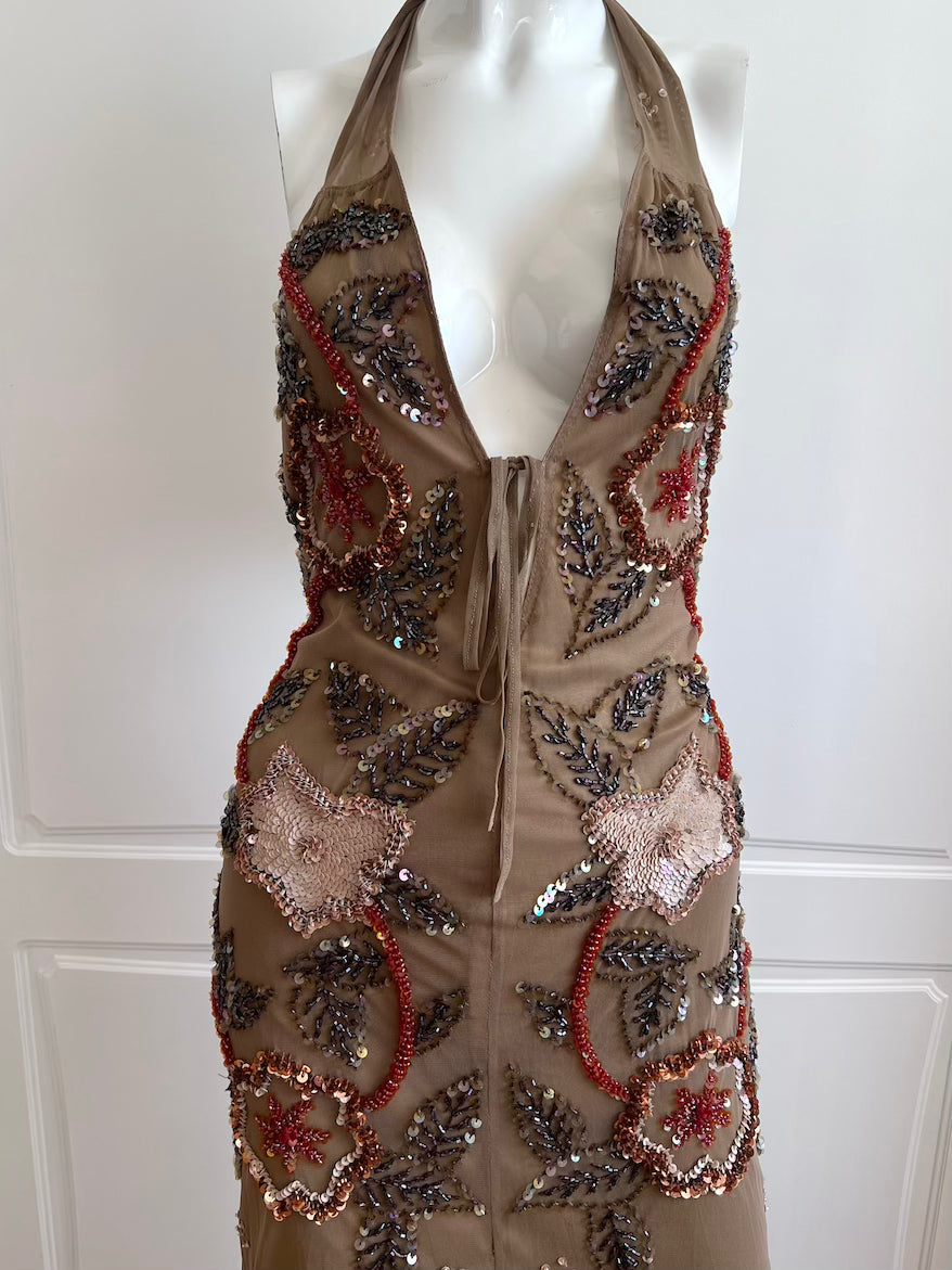 Vintage Italian beaded olive green gown with plunge neckline, side view