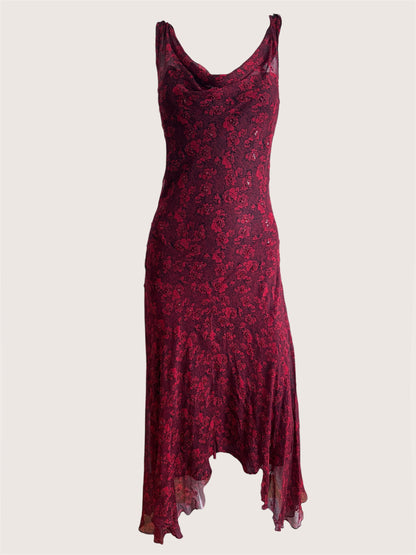 100% Silk Wine Red Floral Beaded Slip Dress