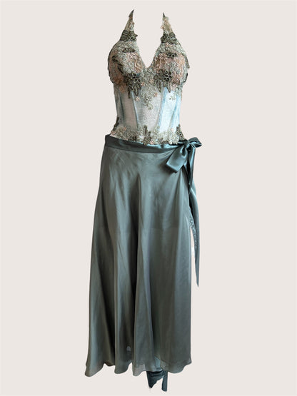 Luxurious Designer Sage Green Floral Halter Corset