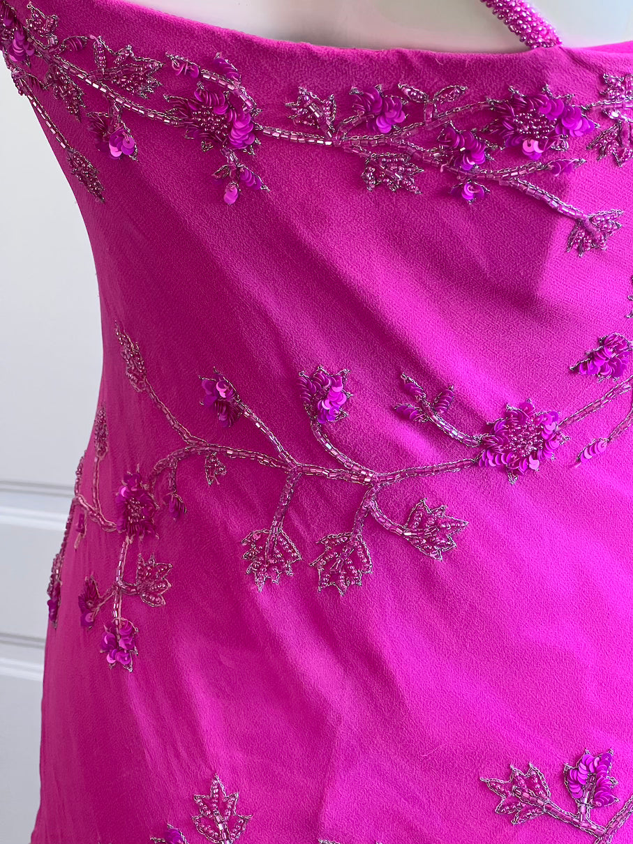 100% Silk Vintage Fuchsia Beaded Dress