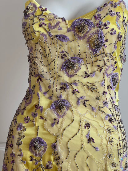 Yellow Satin Floral Appliqué Mini Slip Dress