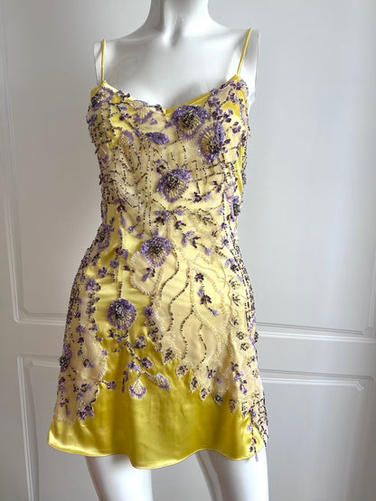 Yellow Satin Floral Appliqué Mini Slip Dress