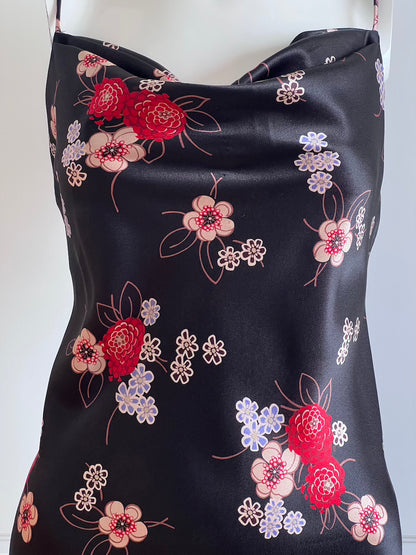 1990's Black Floral Satin Slip Dress