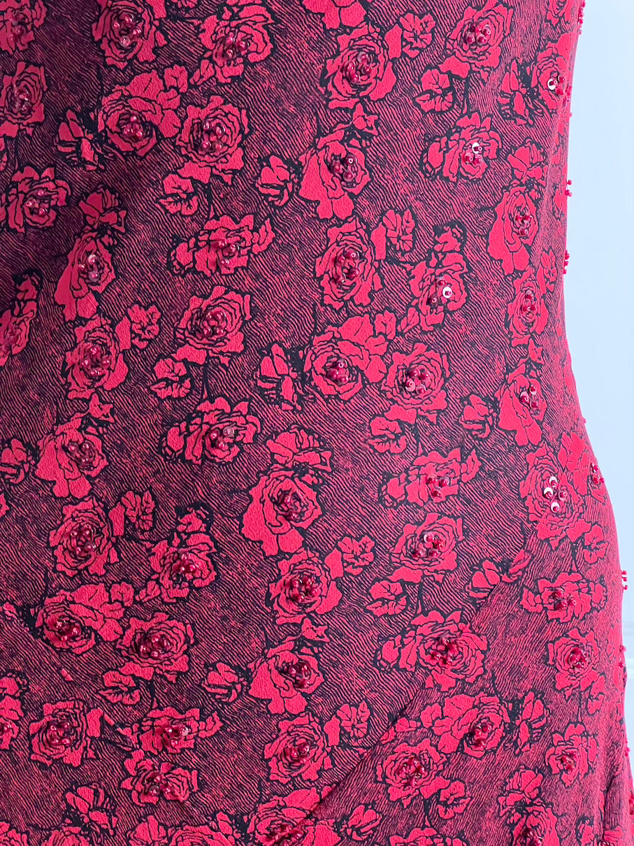 100% Silk Wine Red Floral Beaded Slip Dress
