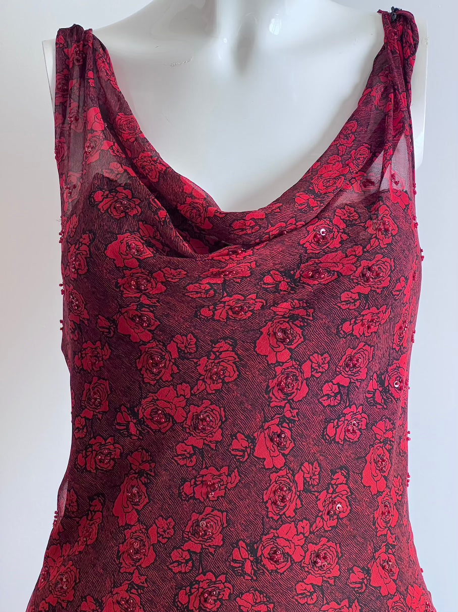 100% Silk Wine Red Floral Beaded Slip Dress