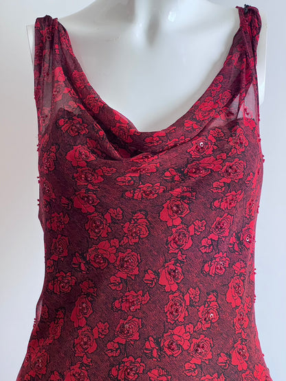 100% Silk Wine Red Floral Beaded Slip Dress
