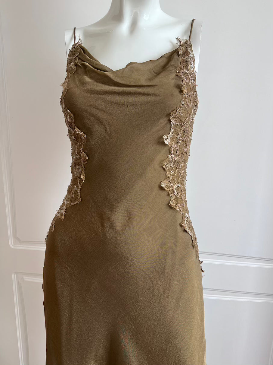 100% Silk Luxurious Olive Green Slip Dress