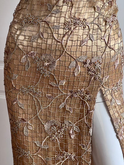 Vintage Gold Floral Lace Gown
