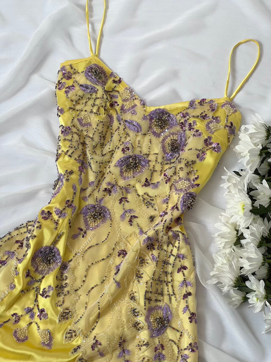 Yellow Satin Floral Appliqué Mini Slip Dress