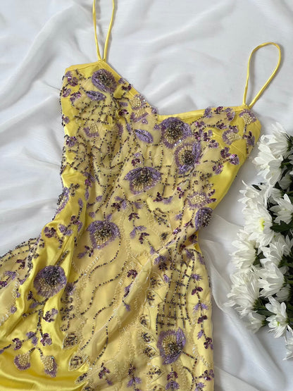 Yellow Satin Floral Appliqué Mini Slip Dress