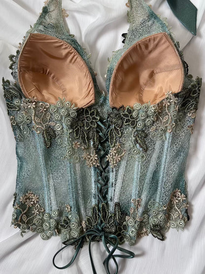 Luxurious Designer Sage Green Floral Halter Corset