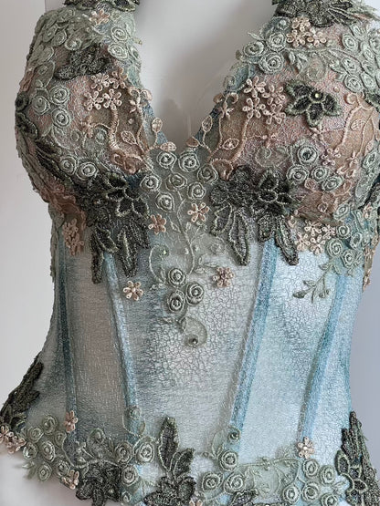 Luxurious Designer Sage Green Floral Halter Corset