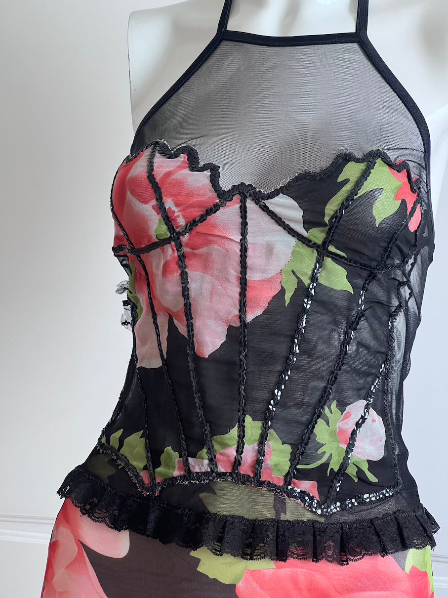 2000's Floral Mesh Top & Mini Skirt Ensemble