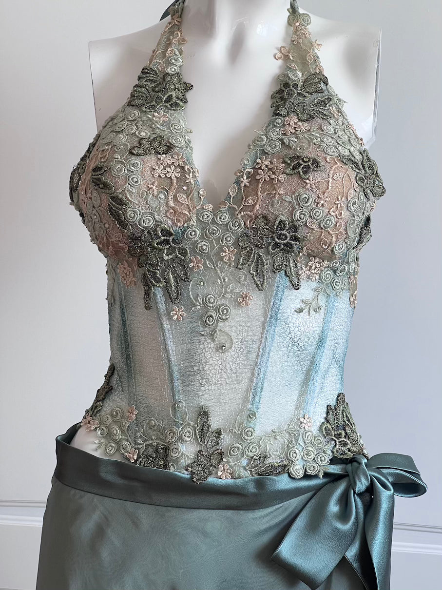 Luxurious Designer Sage Green Floral Halter Corset