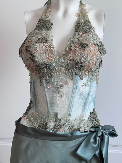 Luxurious Designer Sage Green Floral Halter Corset