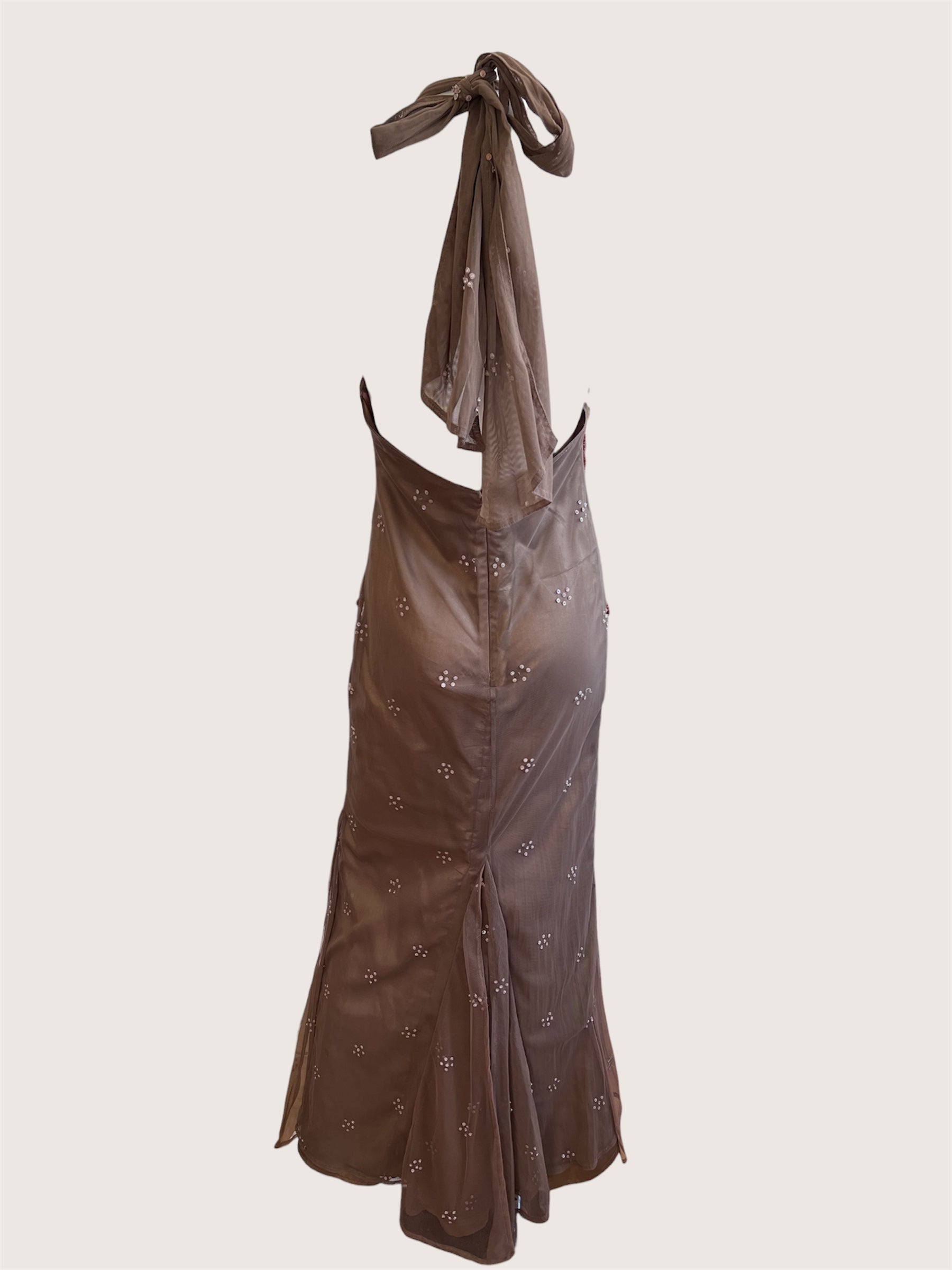 Vintage olive green beaded Italian gown with open back detail, back view