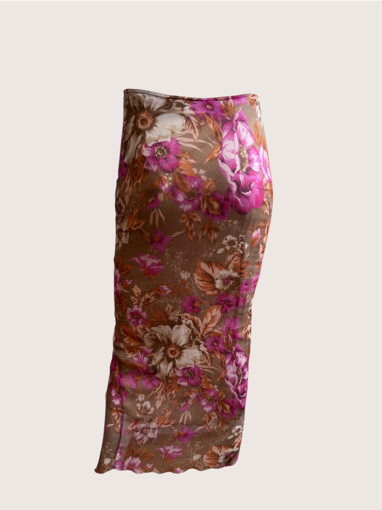 100% Silk Golden Brown Floral Ruffle Skirt