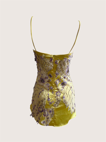 Yellow Satin Floral Appliqué Mini Slip Dress