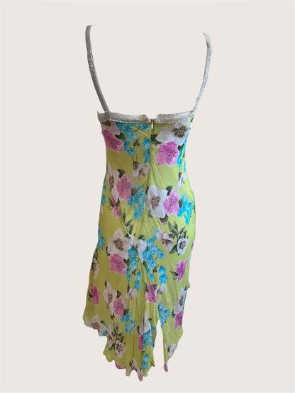 2000's Lime Green Floral Slip Dress