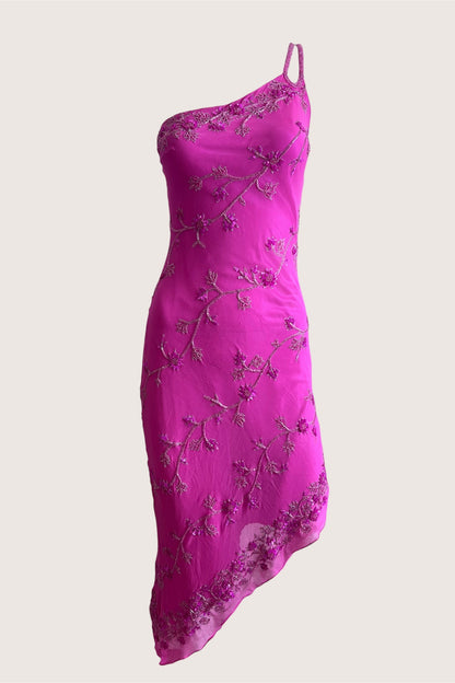 100% Silk Vintage Fuchsia Beaded Dress