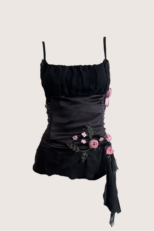 Vintage Black Rosette Embellished Camisole