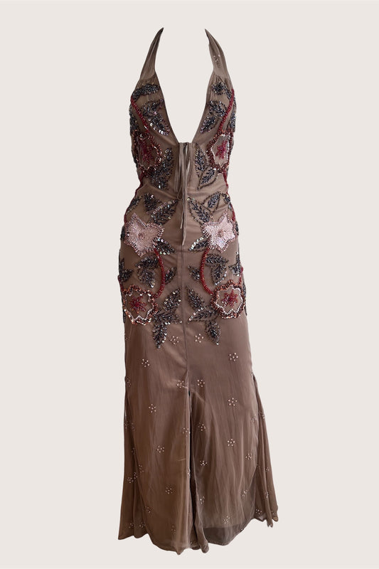 Vintage Italian olive green beaded gown with plunge neckline, thumbnail view