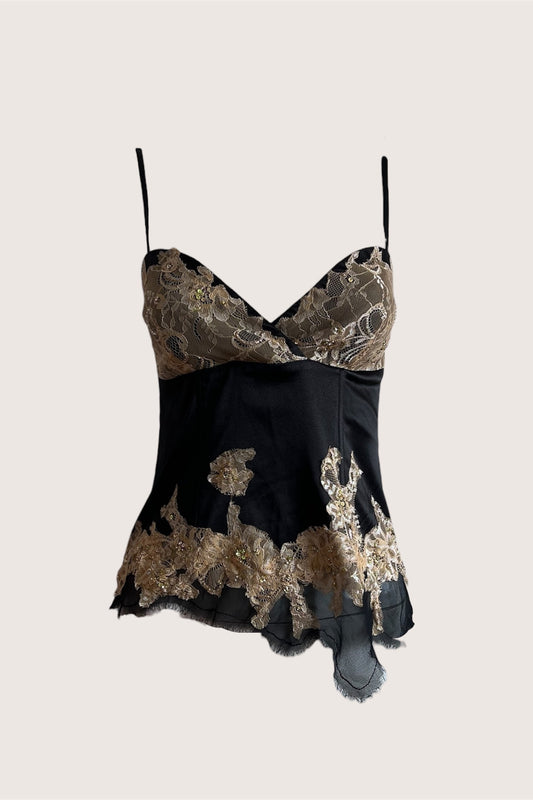 1990's Black Satin Embroidered Corset Top