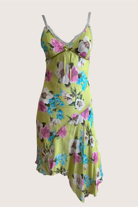 2000's Lime Green Floral Slip Dress
